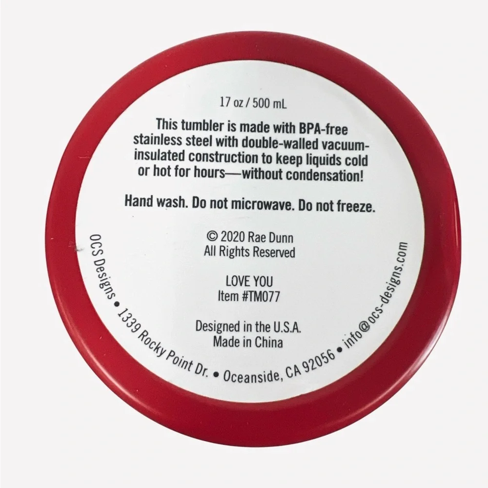 Rae Dunn Love You Red Tumbler w/Lid TM077 BPA-Free Stainless Steel 17oz/500 ml